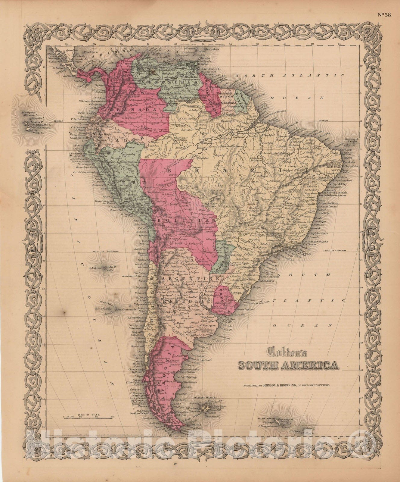 Historic Map : South America 1855 , Colton's Atlas World , Vintage Wall Art