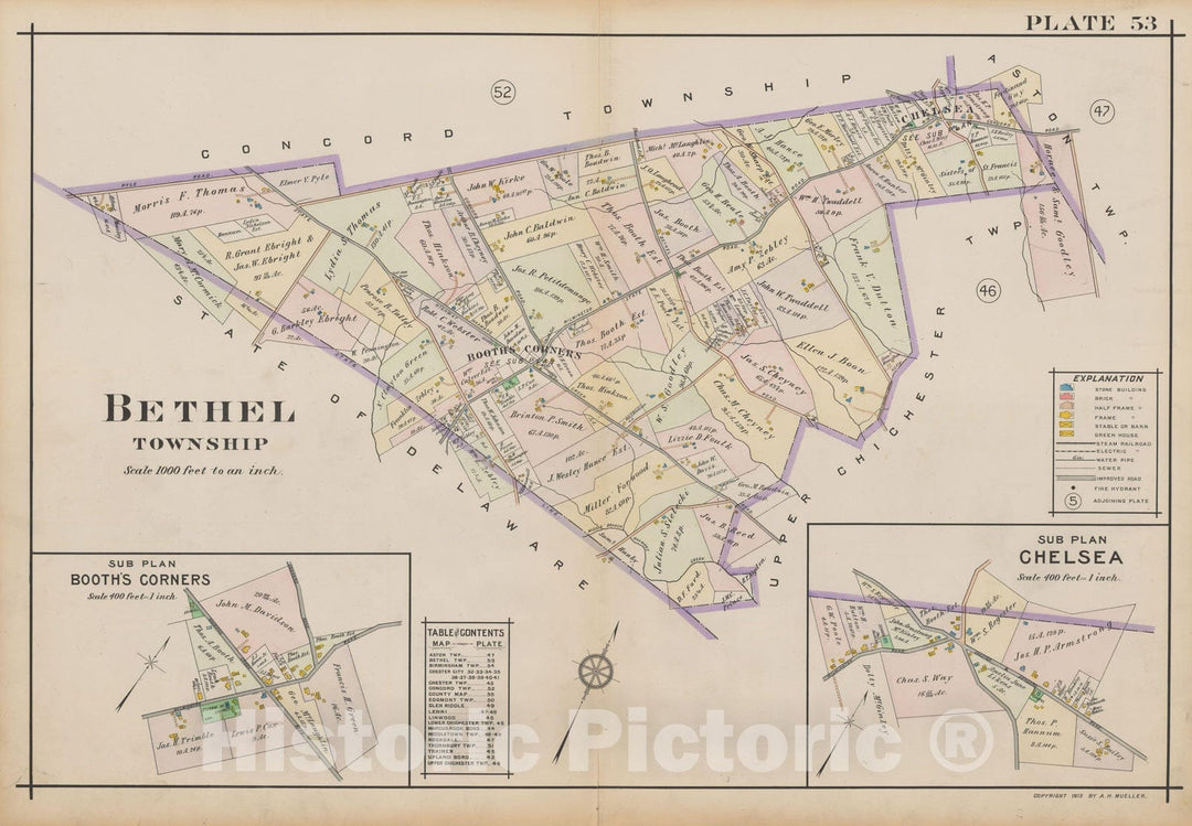 Historic Map : Atlas of Delaware County, West of Ridley Creek, Vol. Two, Bethel 1913 Plate 053 , Vintage Wall Art