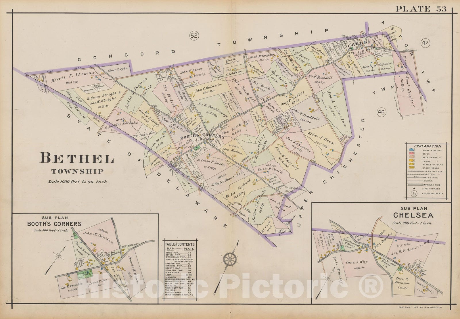 Historic Map : Atlas of Delaware County, West of Ridley Creek, Vol. Two, Bethel 1913 Plate 053 , Vintage Wall Art