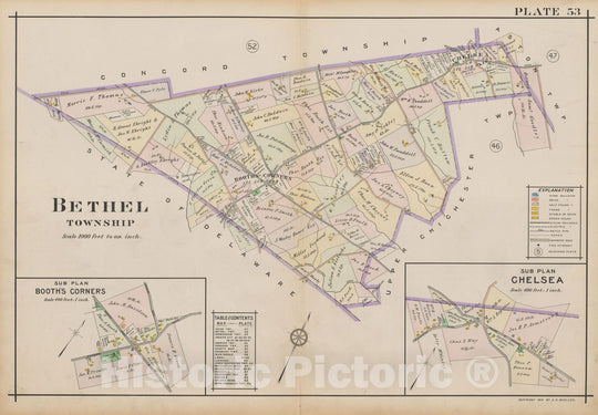 Historic Map : Atlas of Delaware County, West of Ridley Creek, Vol. Two, Bethel 1913 Plate 053 , Vintage Wall Art