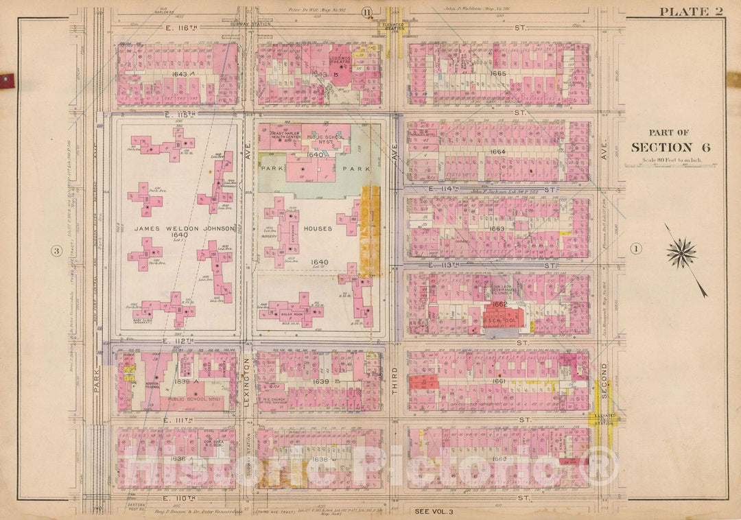 Historic Map : Atlas City of New York, Borough of Manhattan, Volume 4, 110th St to 145th St, Manhattan 1914 Plate 002 , Vintage Wall Art