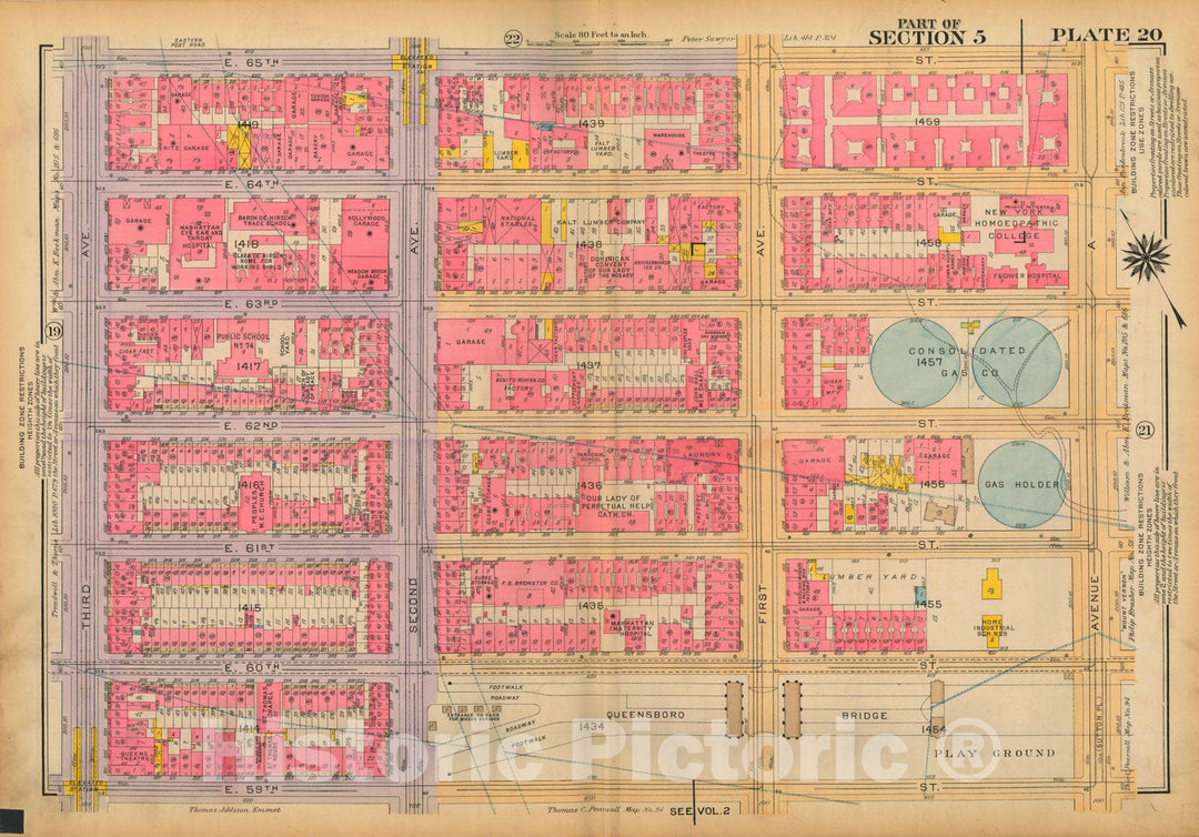 Historic Map : Atlas City of New York, Borough of Manhattan, Volume 3, 59th St to 110th St, Manhattan 1921 Plate 020 , Vintage Wall Art