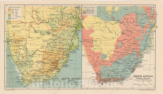 Historic Map : South Africa - Elevation and Geology 1911 , Vintage Wall Art