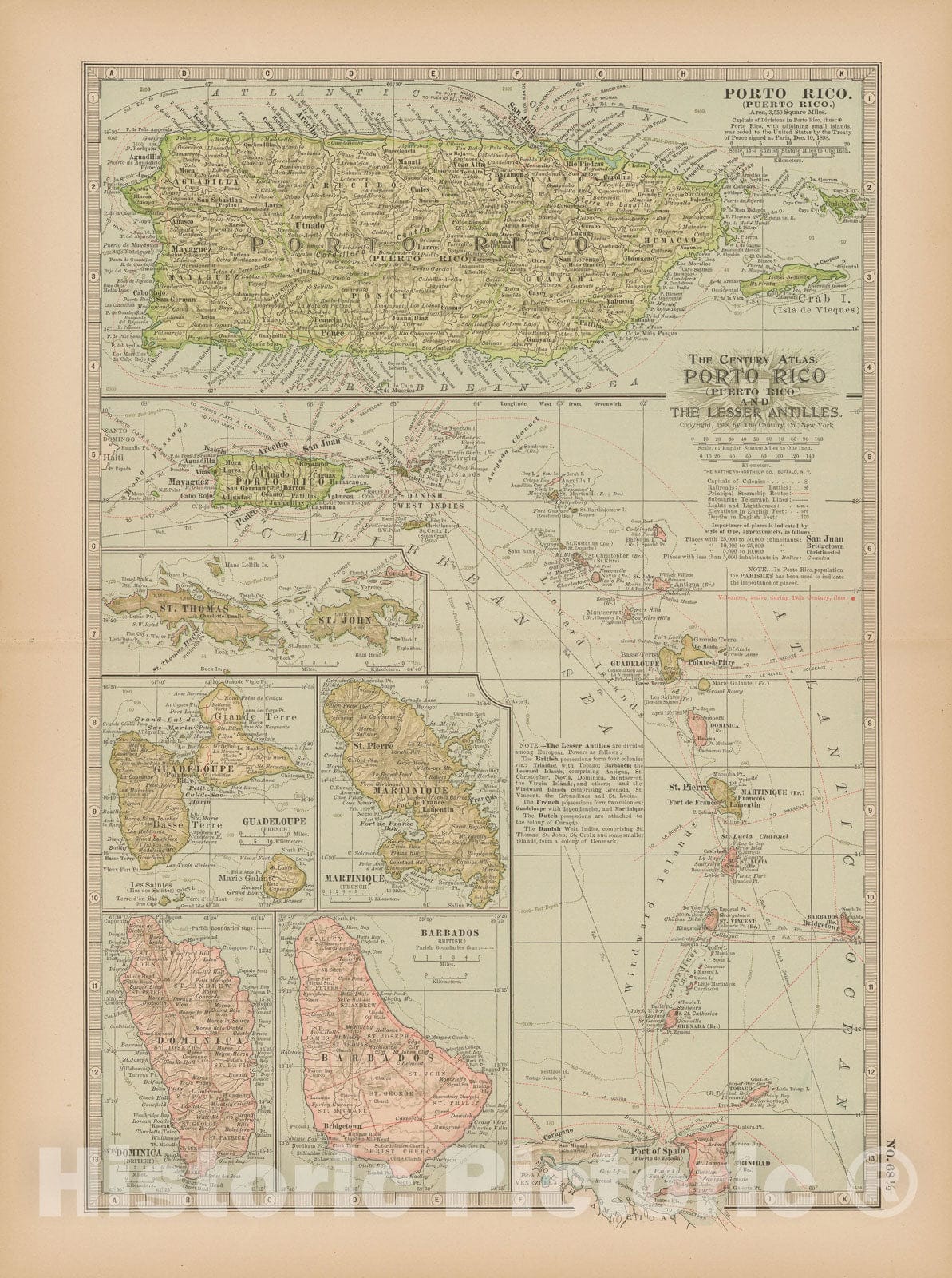 Historic Map : Puerto Rico & Guadeloupe & Martinique & Virgin Islands & Barbados & Trinidad & Tobago 1897 , The Century Atlas World , Vintage Wall Art