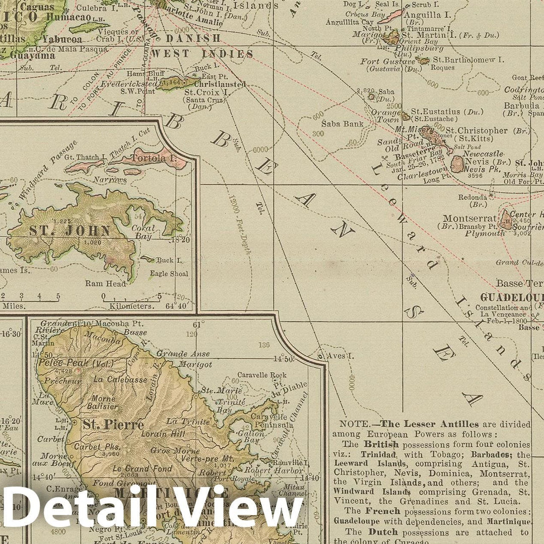 Historic Map : Puerto Rico & Guadeloupe & Martinique & Virgin Islands & Barbados & Trinidad & Tobago 1897 , The Century Atlas World , Vintage Wall Art