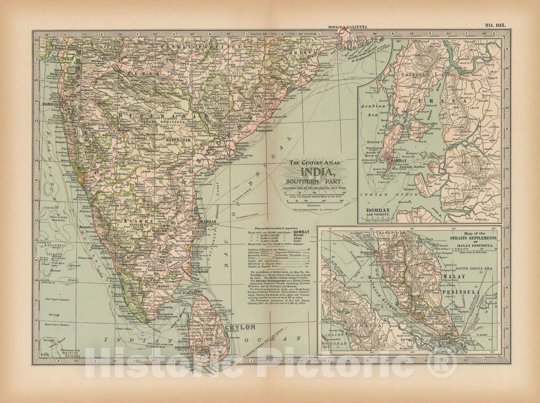 Historic Map : Southern India, S. Part of Malay Peninsula 1897 , The Century Atlas World , Vintage Wall Art