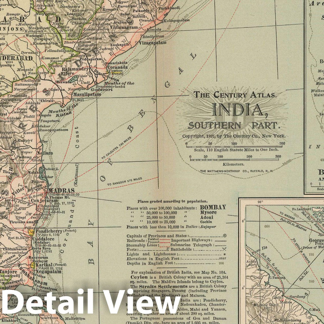 Historic Map : Southern India, S. Part of Malay Peninsula 1897 , The Century Atlas World , Vintage Wall Art