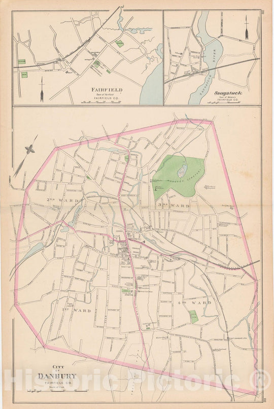 Historic Map : Danbury & Fairfield & Westport 1893 , Town and City Atlas State of Connecticut , Vintage Wall Art