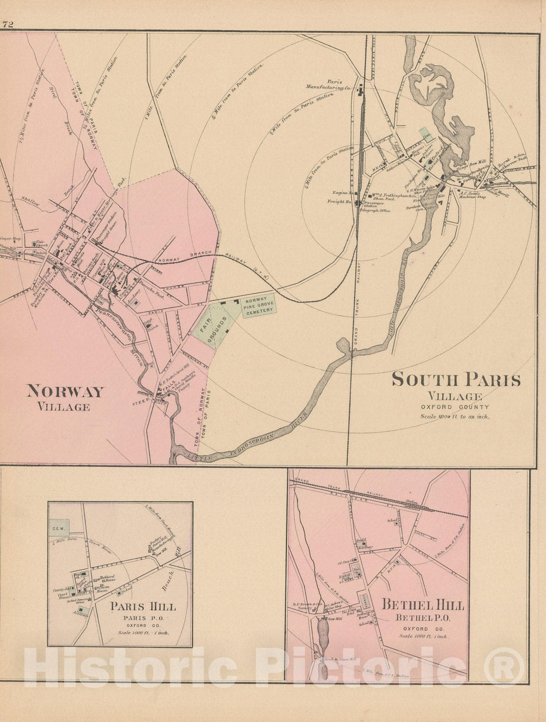 Historic Map : Atlas of Maine, Bethel Hill & Norway & Paris Hill & South Paris 1885 , Vintage Wall Art