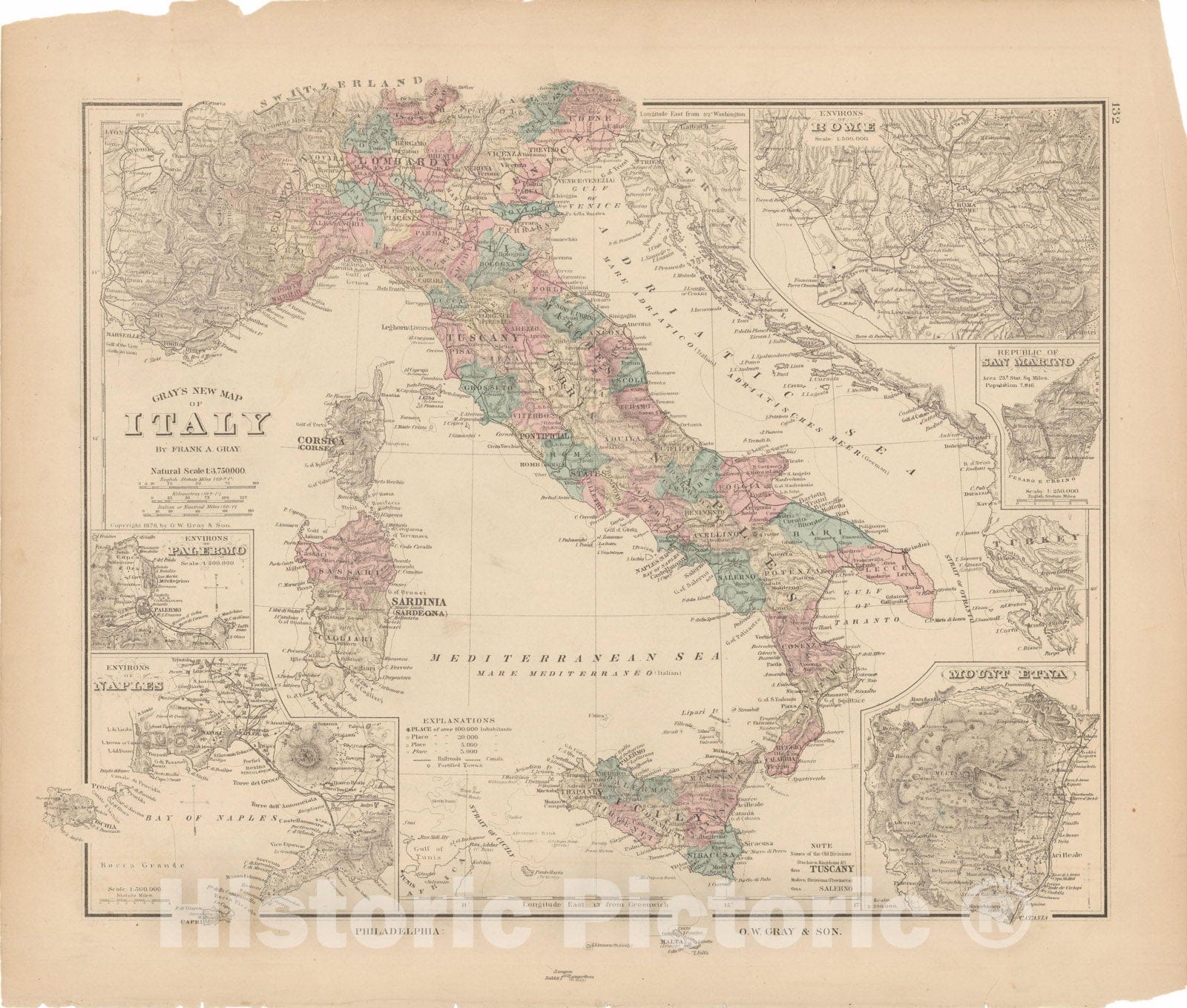 Historic Map : Europe, Italy 1855 , Vintage Wall Art