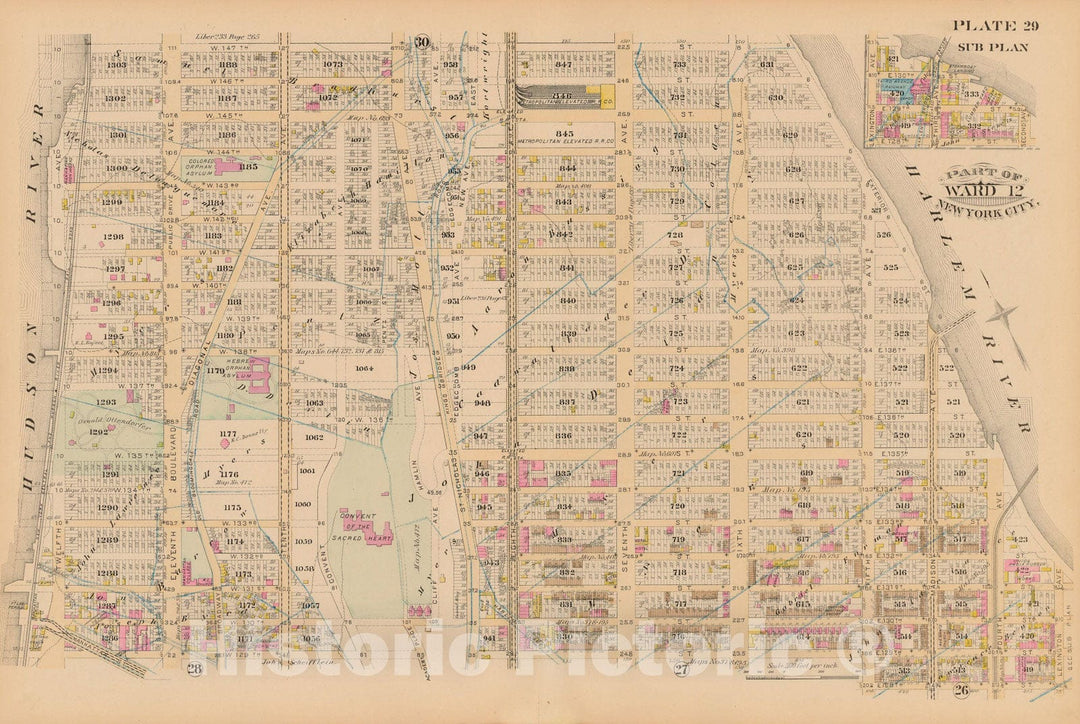 Historic Map : Manhattan & New York City 1885 Plate 029 , Robinson's Atlas City of New York , Vintage Wall Art