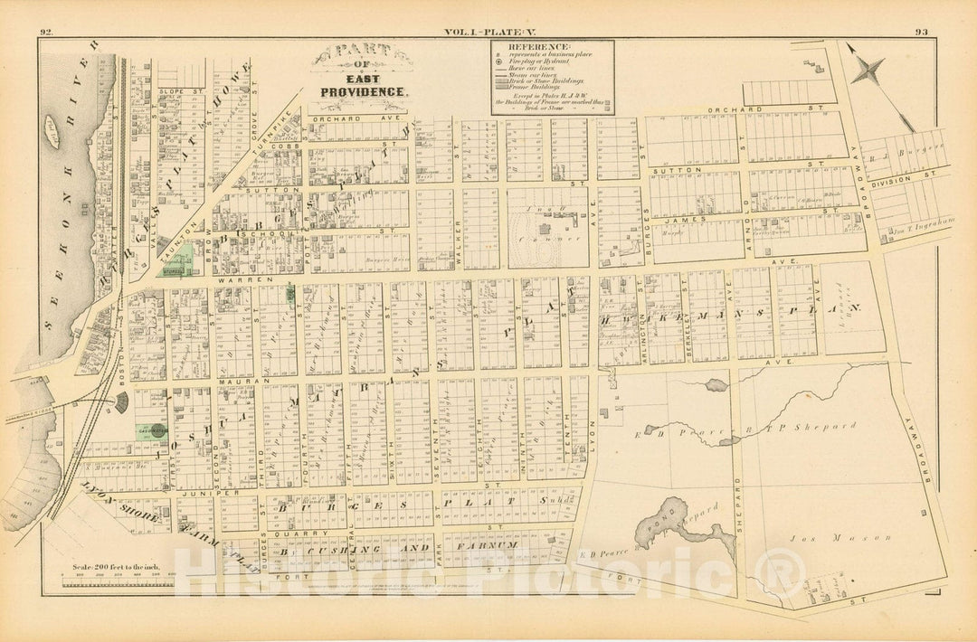 Historic Map : City Atlas of Providence Rhode Island by Wards, Volume I, East Providence 1875 Plate V , Vintage Wall Art