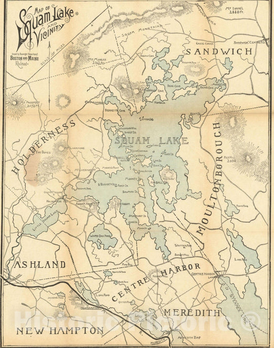 Historic Map : Boston & Maine Railroad Maps, Squam Lake 1902 Transit Railroad Catography , Vintage Wall Art