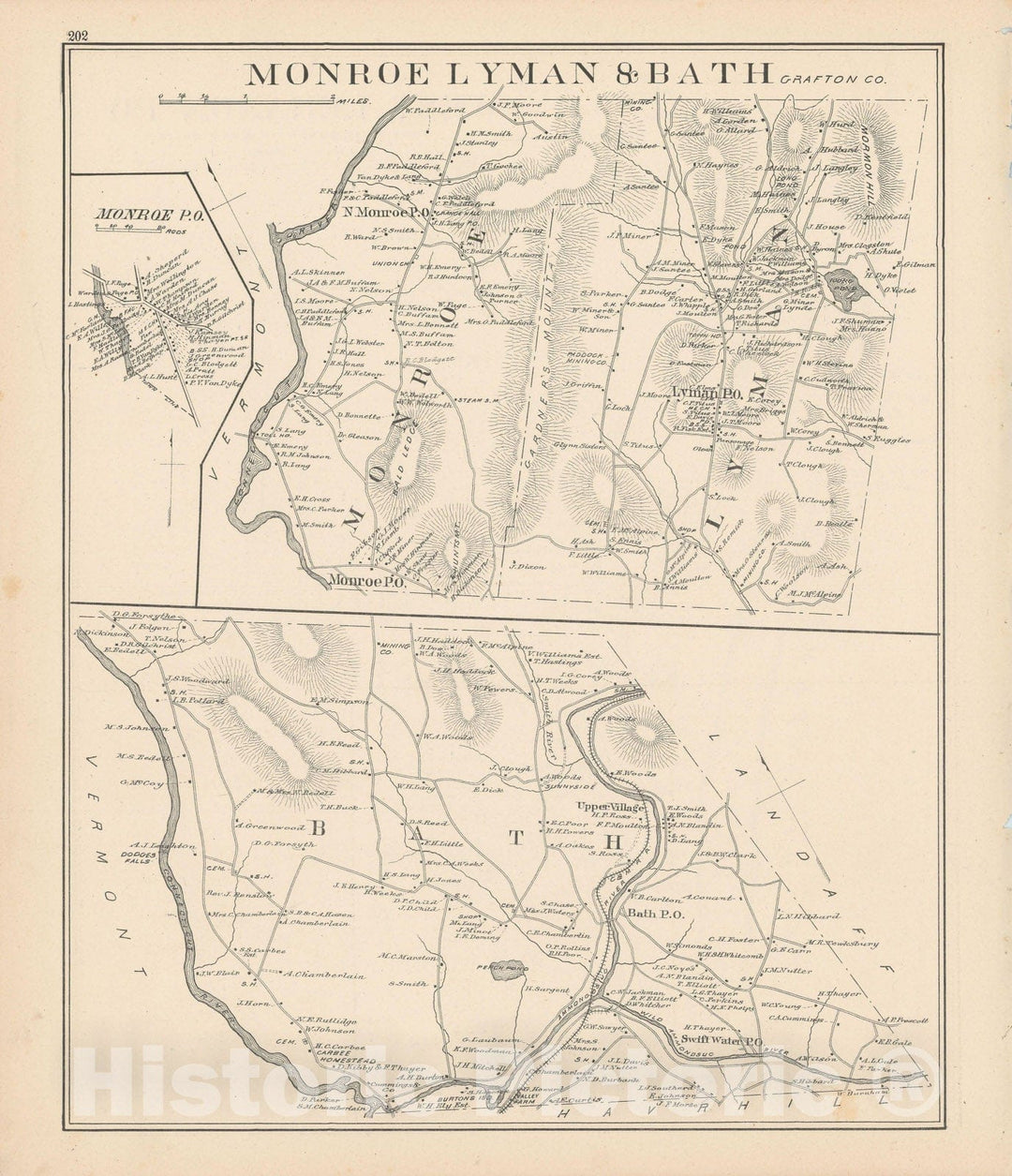 Historic Map : Bath & Lyman & Monroe 1892 , Town and City Atlas State of New Hampshire , Vintage Wall Art