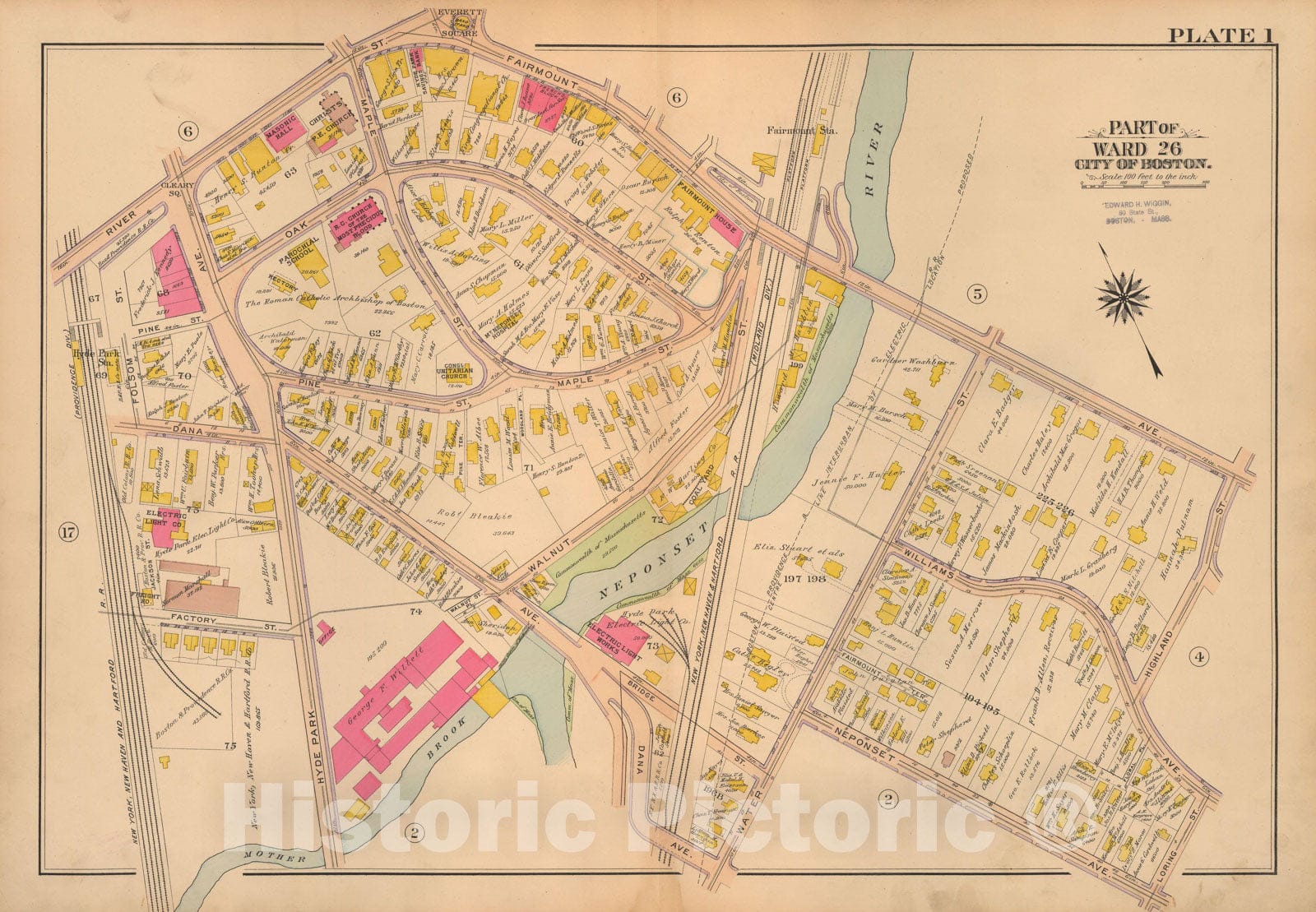 Historic Map : Atlas City of Boston Ward 26 Hyde Park, Hyde Park 1912 Plate 001 , Vintage Wall Art