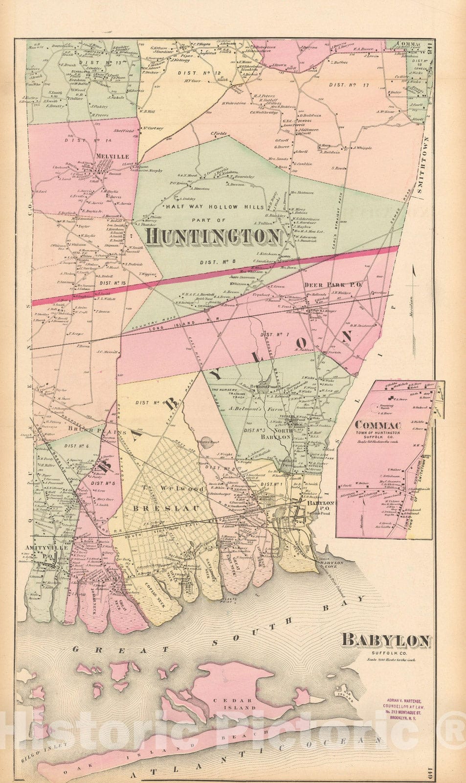 Historic Map : Atlas of Long Island, New York, Babylon & Huntington 1873 , v2, Vintage Wall Art