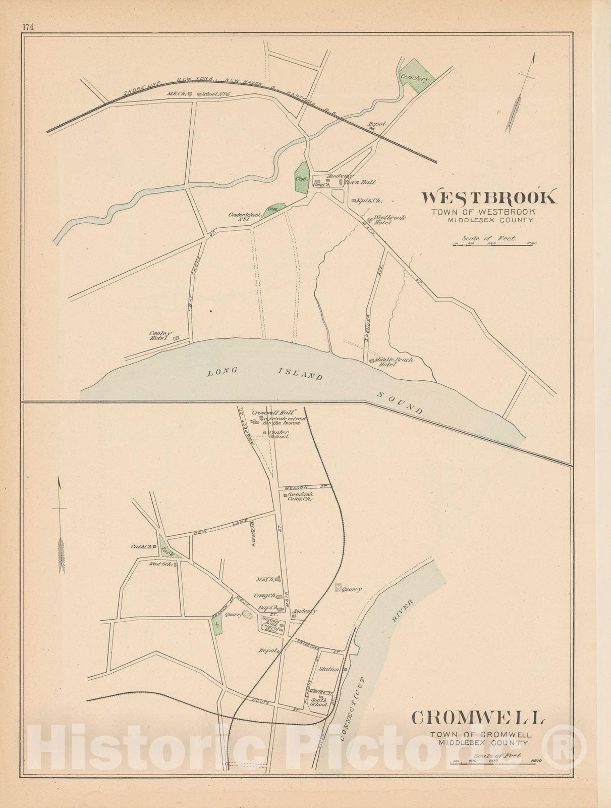 Historic Map : Cromwell & Wakefield 1893 , Town and City Atlas State of Connecticut , Vintage Wall Art