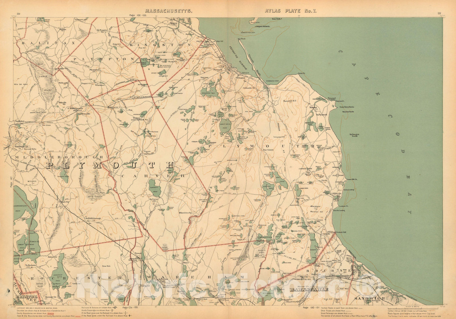 Historic Map : Atlas of Massachusetts, Bourne & Carver & Kingston & Middleborough & Plymouth & Wareham 1891 Plate 007 , Vintage Wall Art