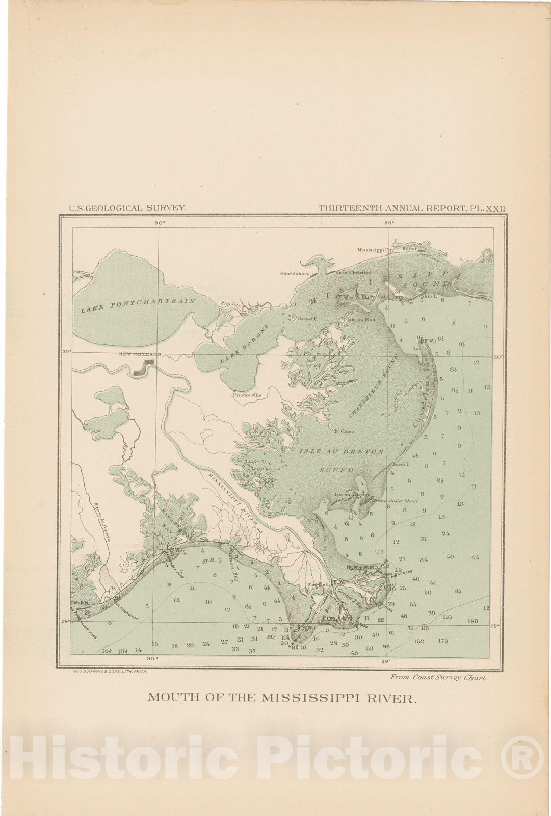 Historic Map : Mouth of the Mississippi River 1893 Topographic Map , 13th Annual Report of the US Geological Survey , Vintage Wall Art