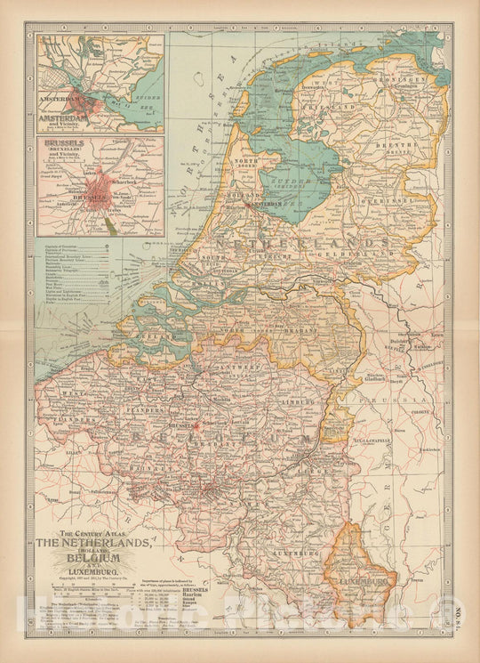 Historic Map : Netherlands & Belgium & Luxemburg 1914 , Century Atlas of the World, Vintage Wall Art