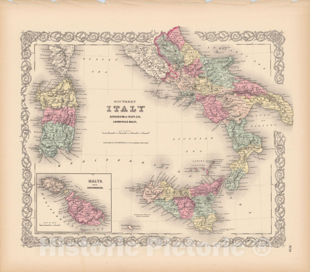 Historic Map : Italy 1856 , Colton's Atlas World , Vintage Wall Art