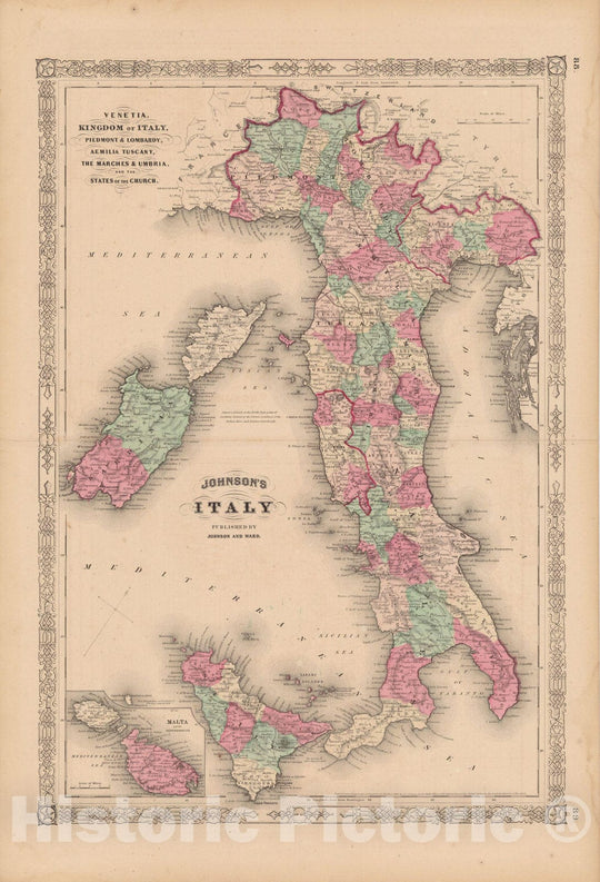 Historic Map : Italy 1865 , Johnson's Family Atlas , Vintage Wall Art