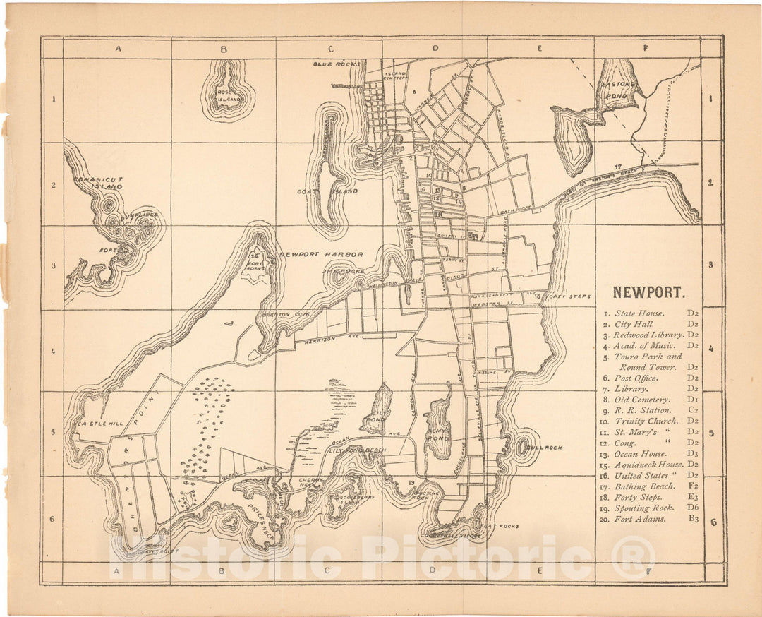 Historic Map : New England, Newport 1890 , Vintage Wall Art