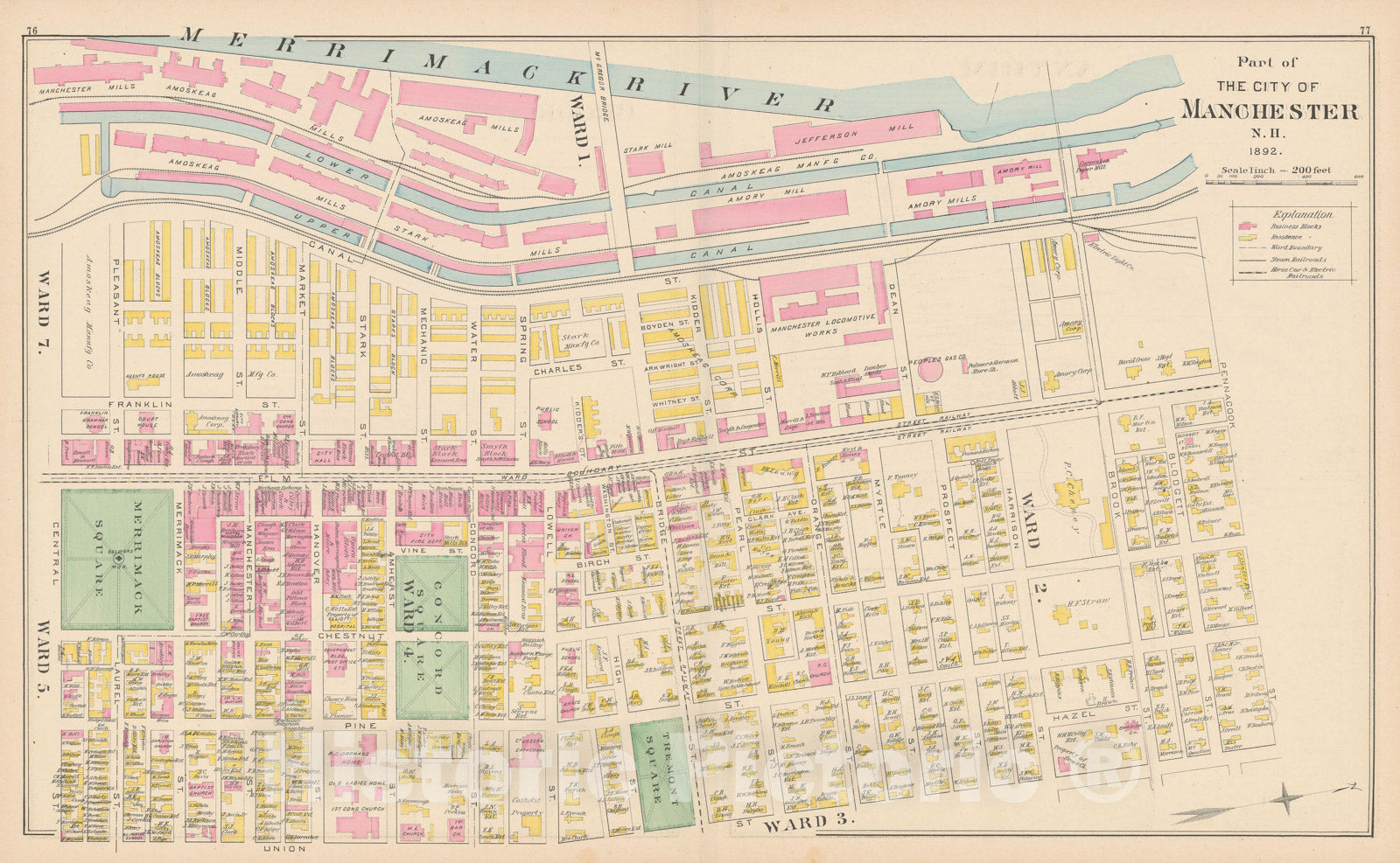 Historic Map : Manchester 1892 , Town and City Atlas State of New Hampshire , v5, Vintage Wall Art