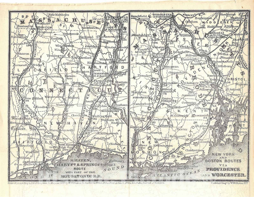 Historic Map : Railroad Maps of the United States, Connecticut & Rhode Island 1848 , Vintage Wall Art