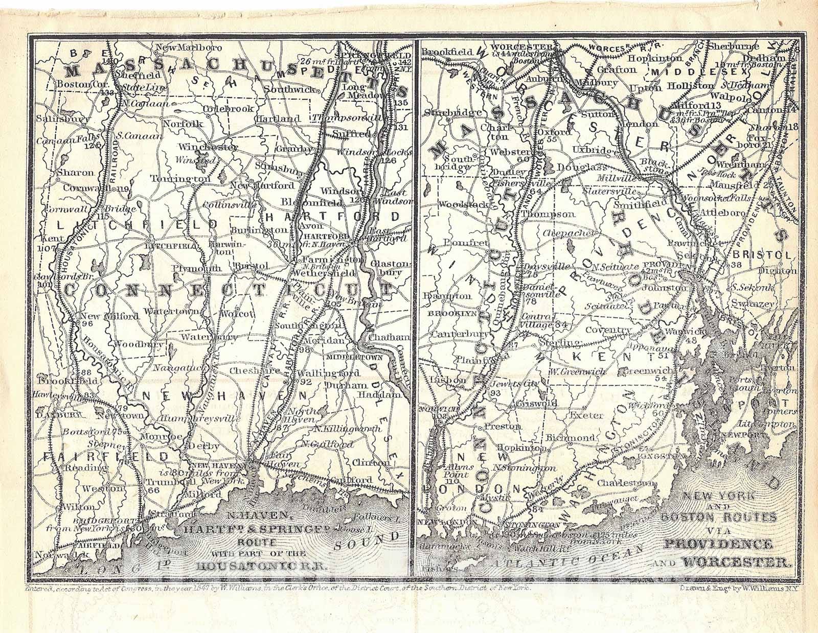 Historic Map : Railroad Maps of the United States, Connecticut & Rhode Island 1848 , Vintage Wall Art