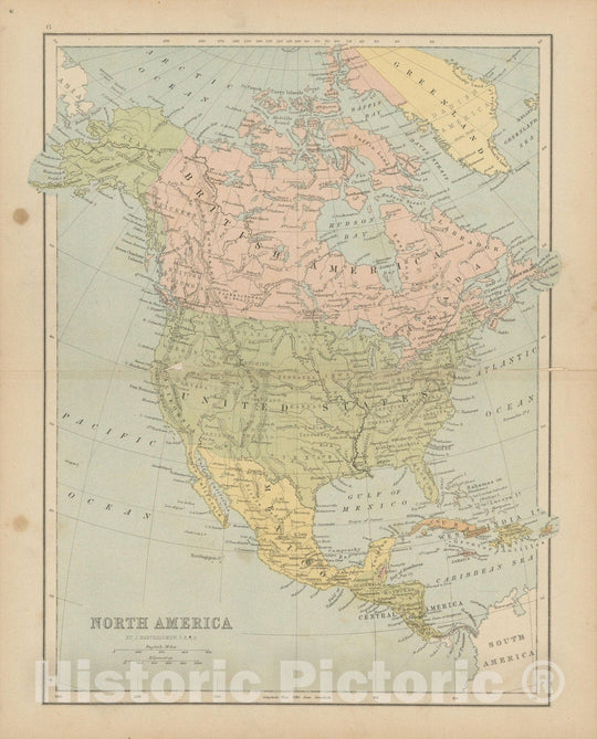 Historic Map : North America 1875 , Student Atlas of Modern Geography , Vintage Wall Art