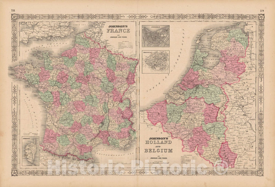 Historic Map : France & Netherlands & Belgium 1865 , Johnson's Family Atlas , Vintage Wall Art