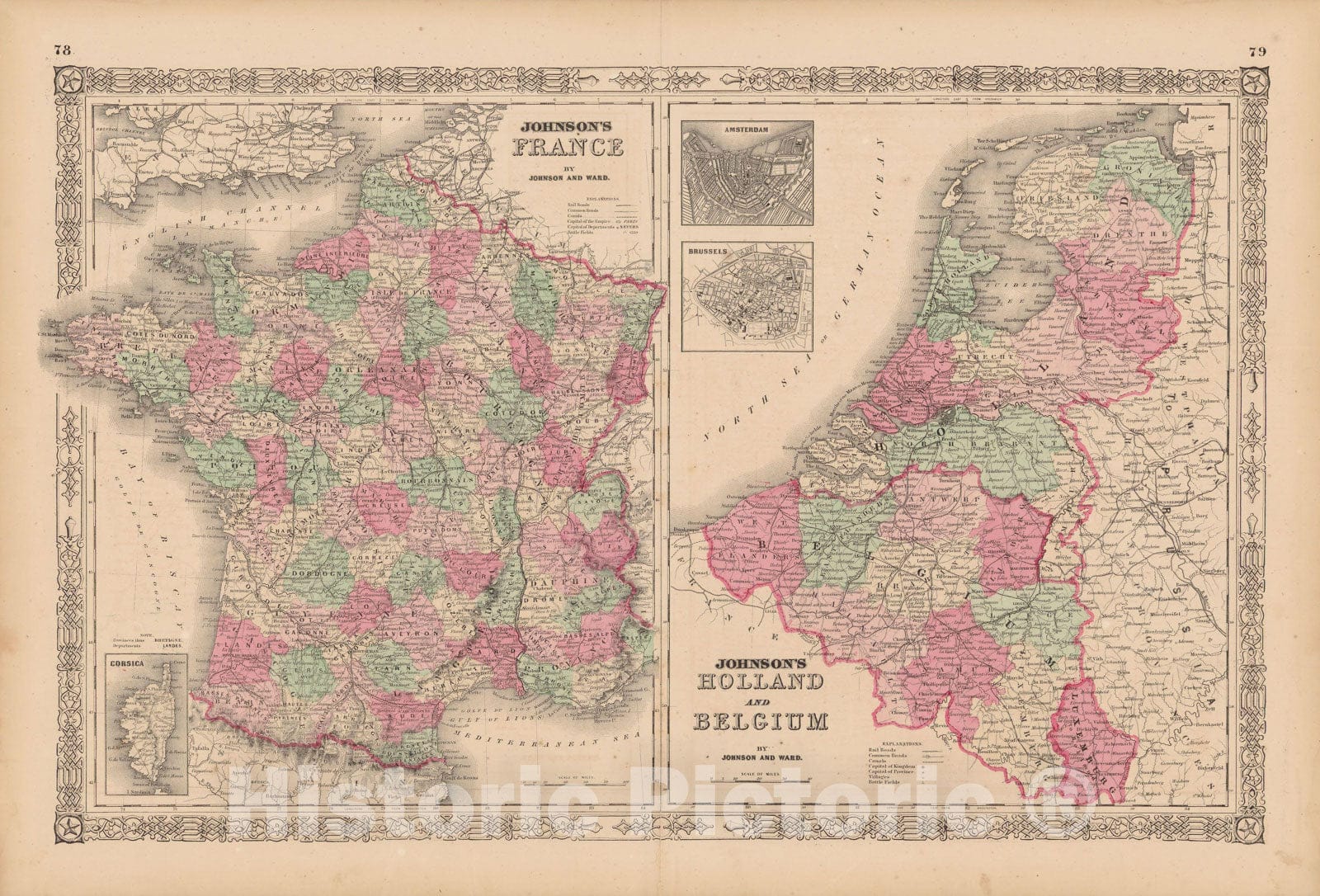 Historic Map : France & Netherlands & Belgium 1865 , Johnson's Family Atlas , Vintage Wall Art