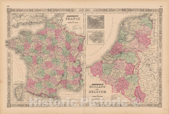 Historic Map : France & Netherlands & Belgium 1865 , Johnson's Family Atlas , Vintage Wall Art