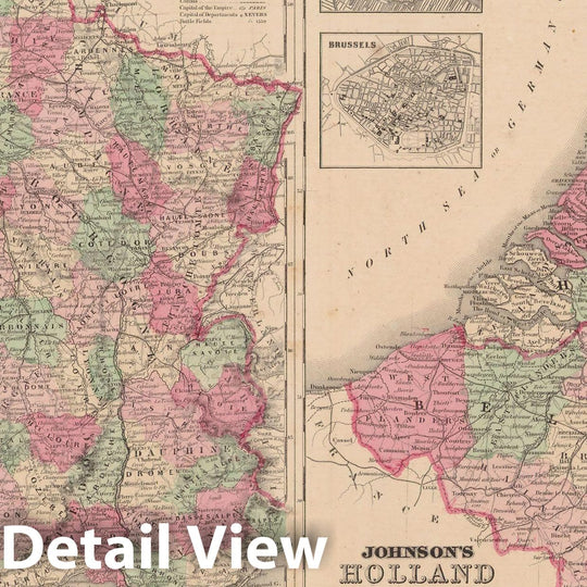 Historic Map : France & Netherlands & Belgium 1865 , Johnson's Family Atlas , Vintage Wall Art