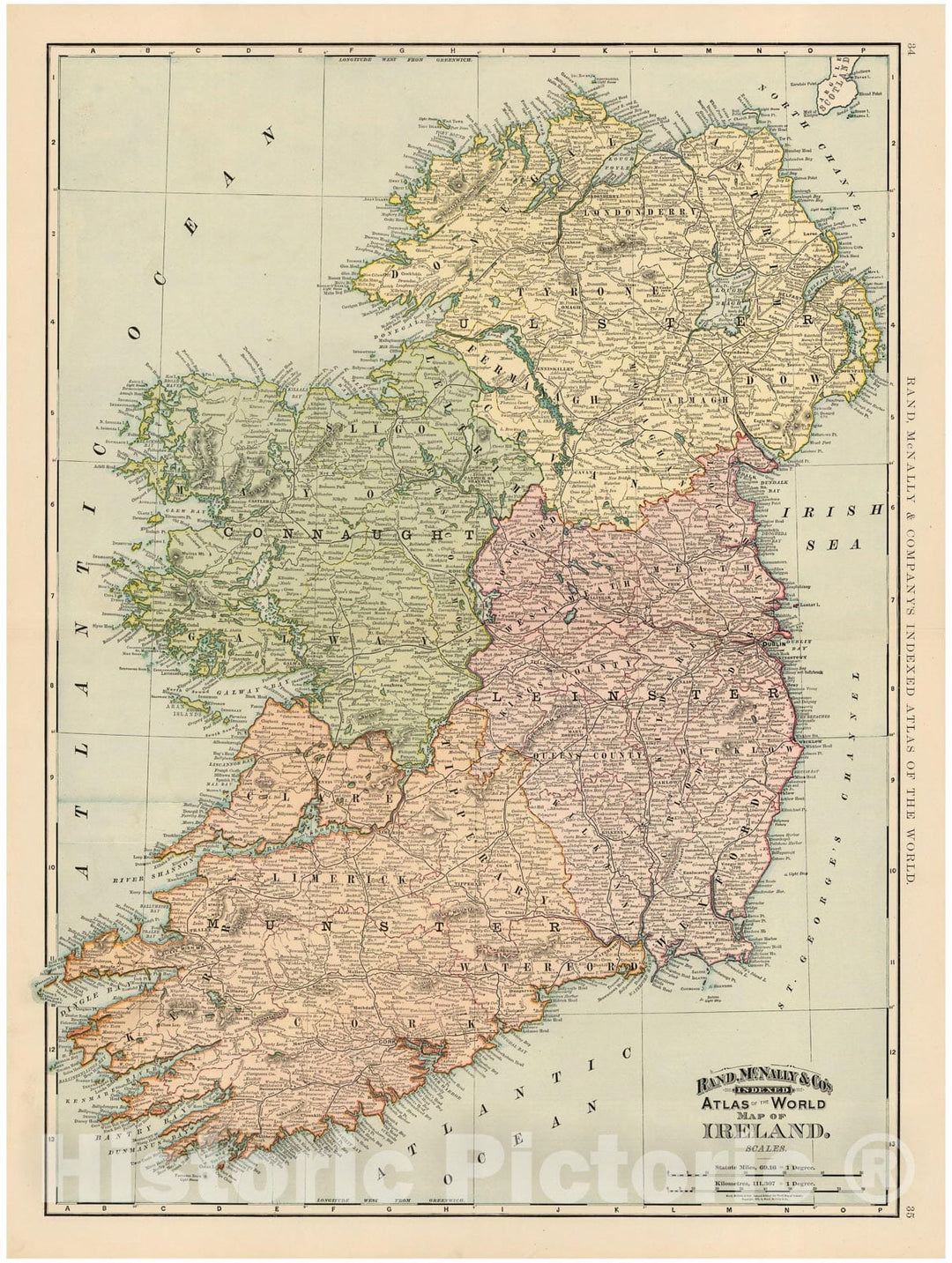 Historic Map : Ireland 1892 , Rand McNally's Atlas World , Vintage Wall Art