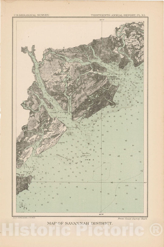 Historic Map : Savannah District 1893 Topographic Map , 13th Annual Report of the US Geological Survey , Vintage Wall Art