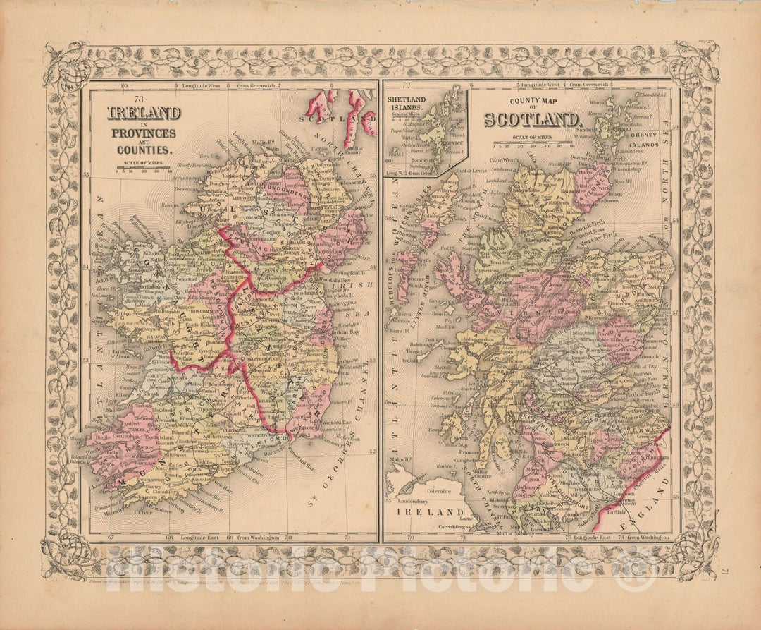 Historic Map : Ireland & Scotland 1867 , New General Atlas , Vintage Wall Art