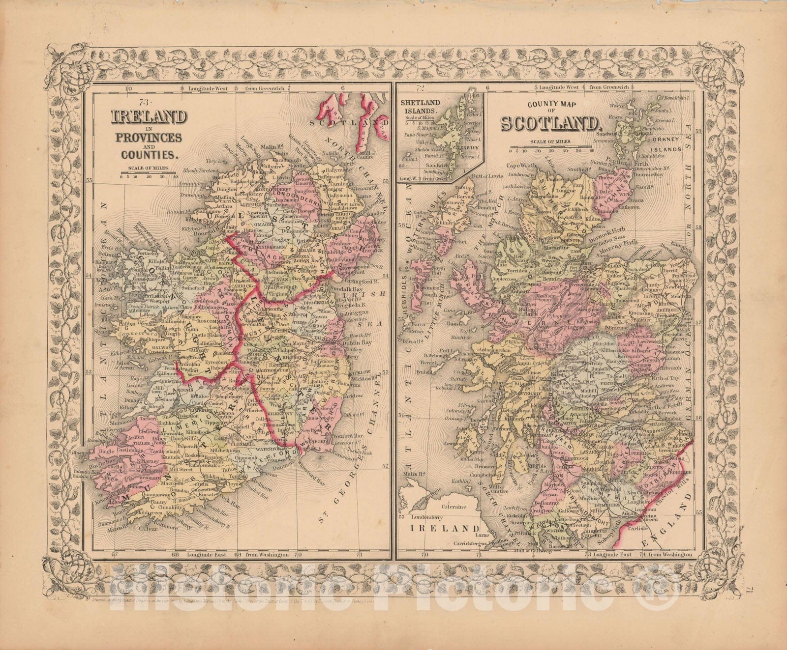 Historic Map : Ireland & Scotland 1867 , New General Atlas , Vintage Wall Art