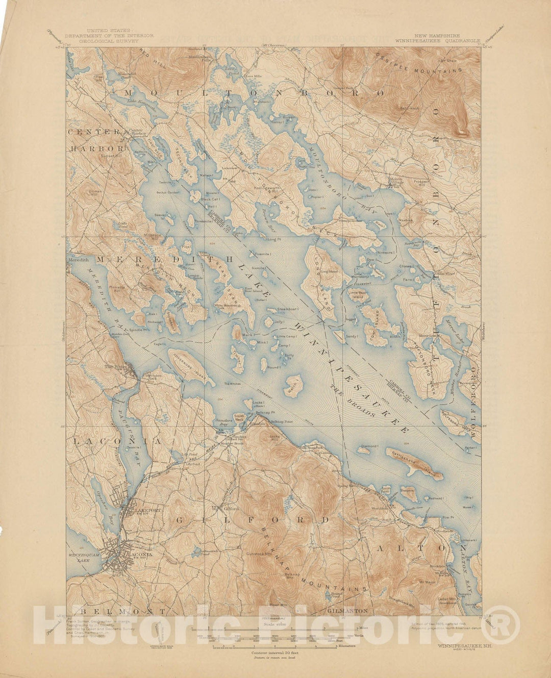 Historic Map : USGS 7.5 Minute Sheets and Quadrangles, Laconia & Lake Winnipesaukee & Meredith & Moultonborough & Tuftonborough 1945 Topographic Map , Wall Decor Poster Art, Vintage Wall Art