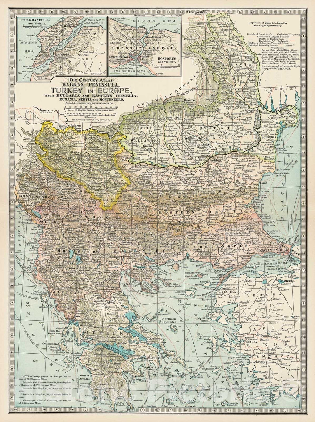 Historic Map : Turkey & Greece & Romania & Bulgaria & Serbia & Bosnia 1914 , Century Atlas of the World, Vintage Wall Art