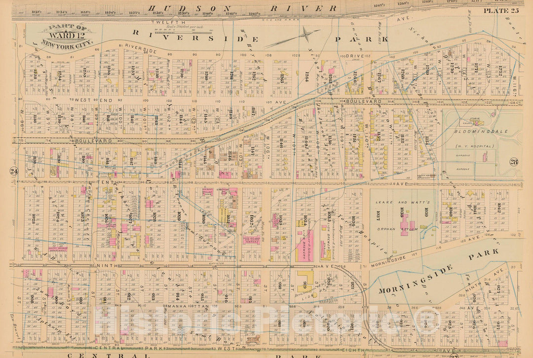 Historic Map : Manhattan & New York City 1885 Plate 025 , Robinson's Atlas City of New York , Vintage Wall Art