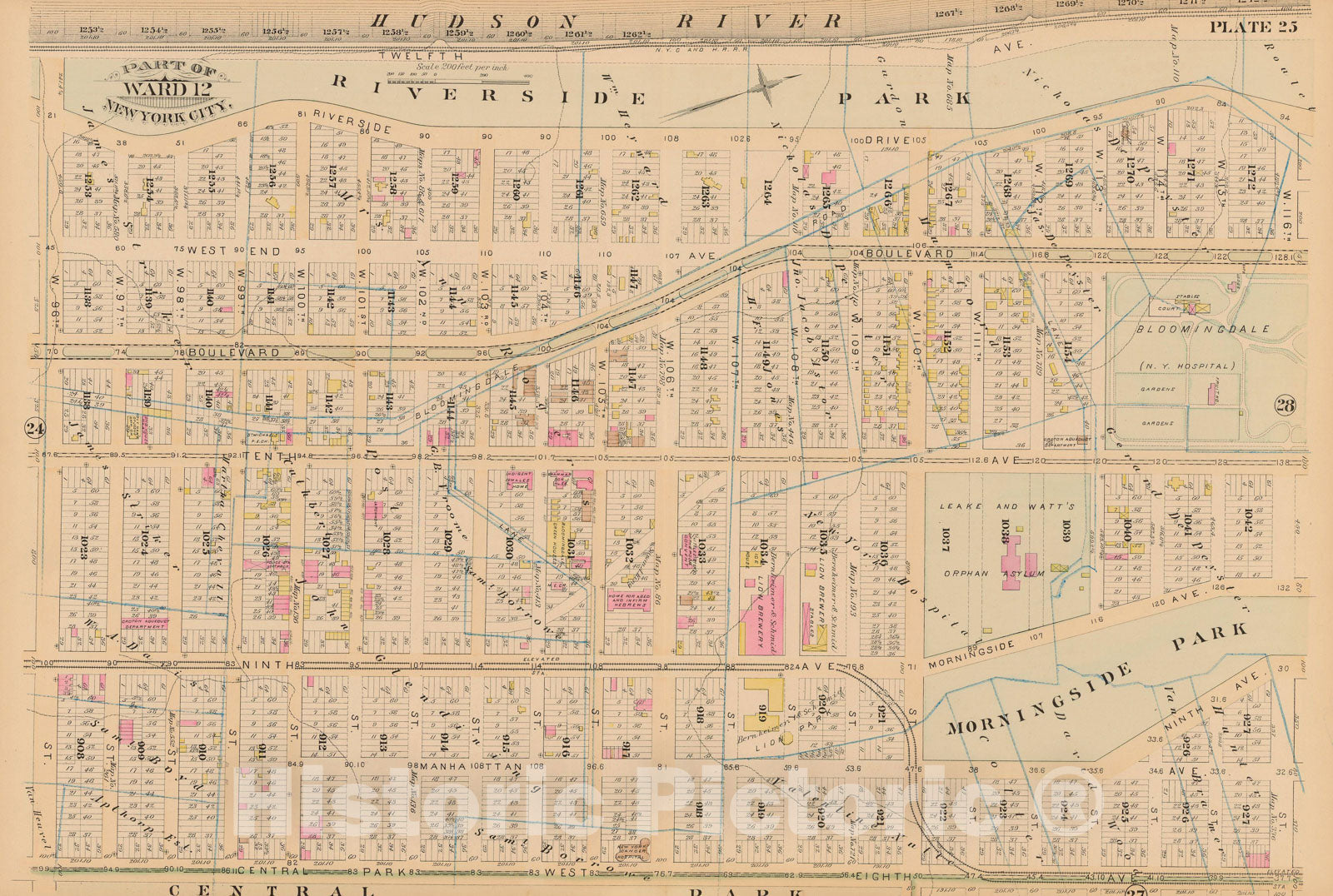 Historic Map : Manhattan & New York City 1885 Plate 025 , Robinson's Atlas City of New York , Vintage Wall Art