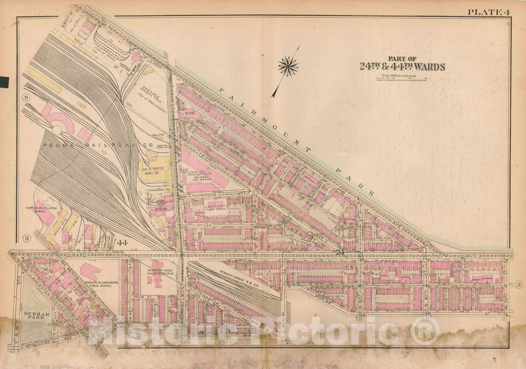 Historic Map : Atlas City of Philadelphia Wards 24,27,34,40,44&46 West Philadelphia, West Philadelphia 1927 Plate 004 , Vintage Wall Art