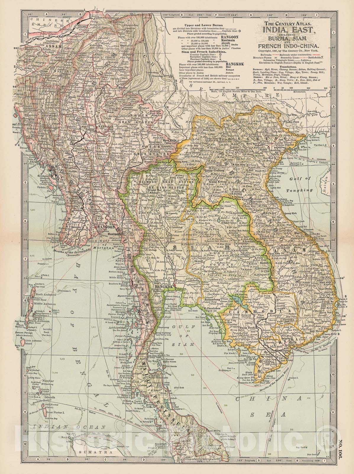 Historic Map : India & Burma & Cambodia & Thailand & Vietnam & Malaysia 1897 , The Century Atlas World , Vintage Wall Art