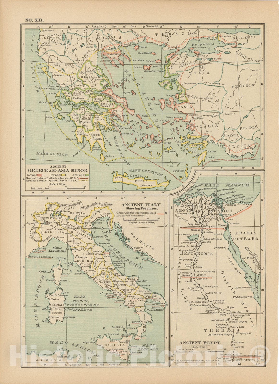 Historic Map : Egypt & Greece & Italy 1914 , Century Atlas of the World, Vintage Wall Art