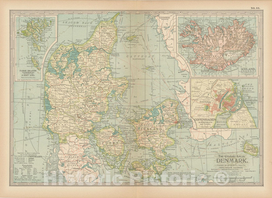 Historic Map : Denmark 1914 , Century Atlas of the World, Vintage Wall Art