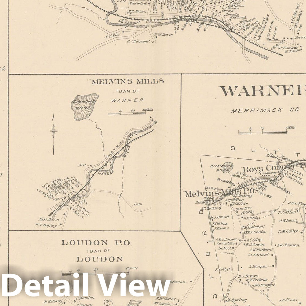 Historic Map : Loudon & Warner 1892 , Town and City Atlas State of New Hampshire , Vintage Wall Art