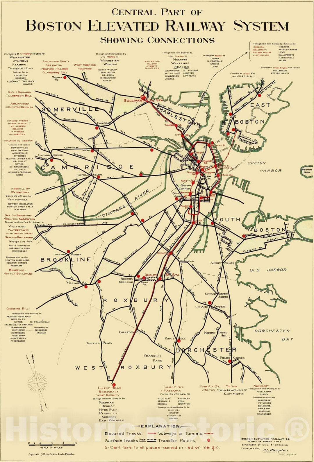 Historic Map : Greater Boston Transit Maps, Central Part of Boston Elevated Railway System 1907 Railroad Catography , Vintage Wall Art