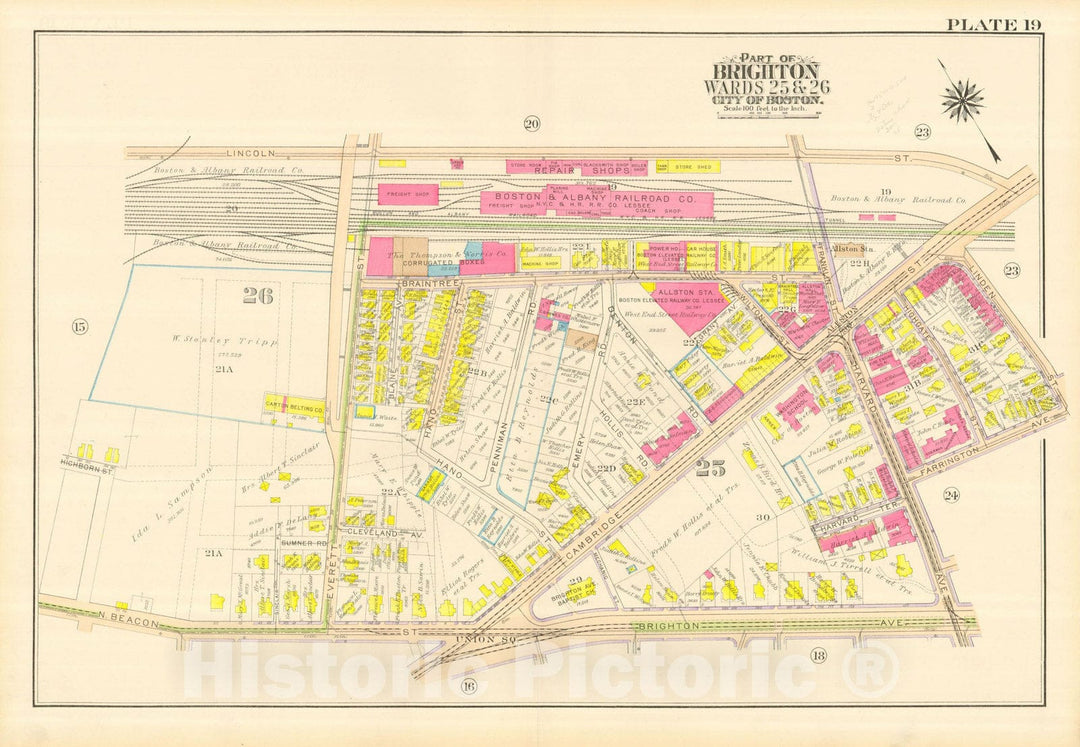 Historic Map : Atlas City of Boston, Wards 25 & 26 Brighton, Allston & Brighton 1916 Plate 019 , Vintage Wall Art